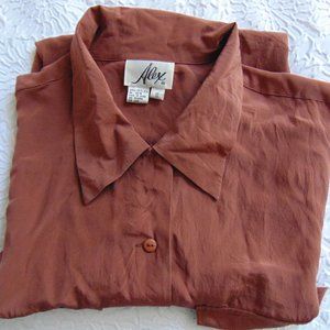 ALEX Women Top Blouse Button-down Long Sleeve Rust 100% Silk  size 10